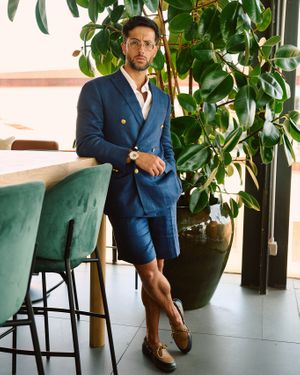 Navy Double-Breasted Blazer with Bermuda Shorts