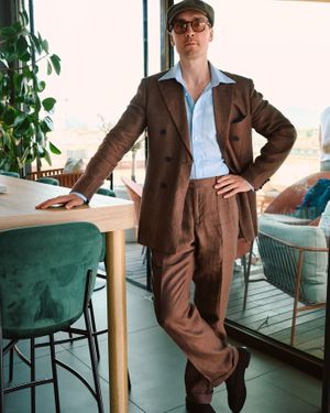 Chocolate Double-Breasted Suit with Pale Blue Shirt