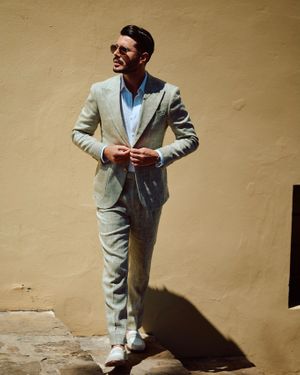 Sage green herringbone Linen Suit with White Shirt