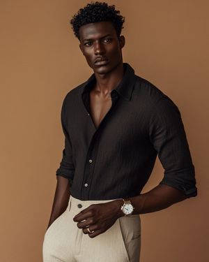Black Linen Shirt with Beige Trousers