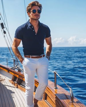 Navy Polo Shirt with White Linen Trousers