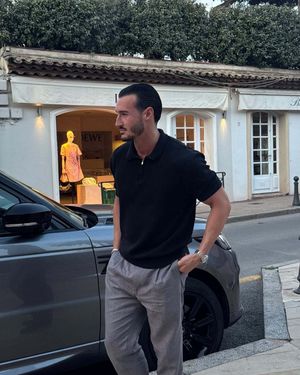 Black Polo Shirt with Grey Linen Trousers