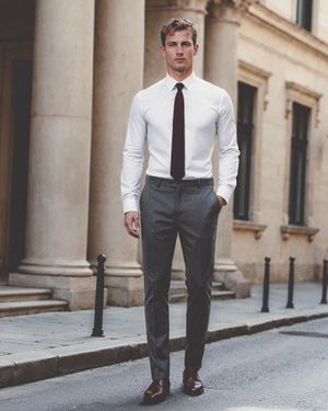 White Dress Shirt with Burgundy Tie and Grey Pinstriped Trousers