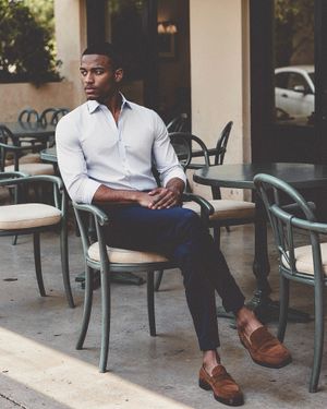 Button-Down Shirt with Navy Trousers