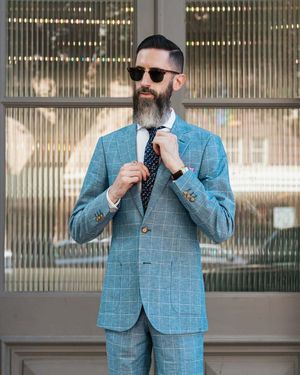 Blue Windowpane Suit with Polka Dot Tie and Pink Pocket Square
