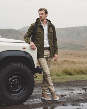 Olive Green Field Jacket with White Shirt and Beige Chinos