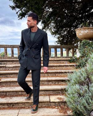 Dark Green Double-Breasted Suit with T-Shirt and Sneakers