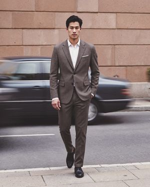 Brown Suit with White Dress Shirt