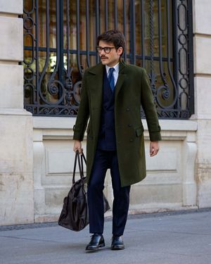 Olive Green Overcoat with Navy Suit and Tie