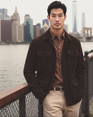 Dark Brown Wool Overcoat with Chocolate Shirt and Beige Trousers