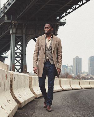 Camel Brown Wool Overcoat with Grey Blazer and Dark Jeans