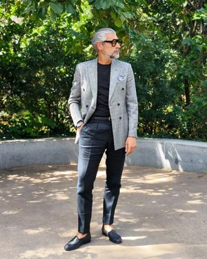 Grey Check Double-Breasted Blazer with Black T-Shirt and Trousers