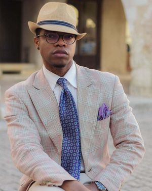 Pink Checked Blazer with White Shirt and Fedora Hat