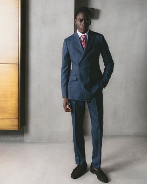 Navy Blue Double-Breasted Suit with Pink Striped Tie