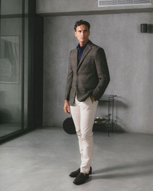 Checked Brown Blazer with Navy Polo and Chinos