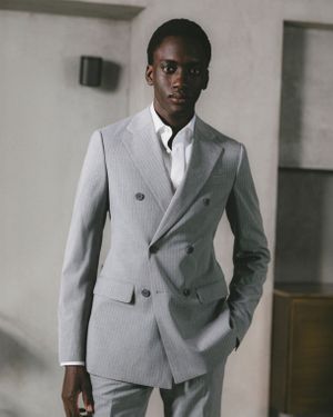 Light Grey Pinstriped Double-Breasted Suit with White Dress Shirt