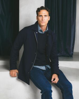 Dark Blue Coat with Shirt and Jeans