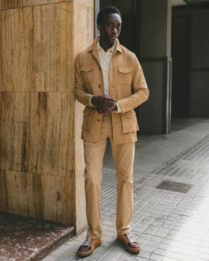 Camel Safari Jacket with Beige Trousers