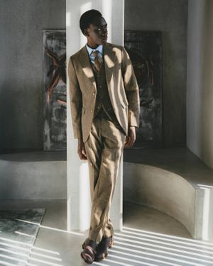 Camel Wool Suit with Vest and Patterned Tie