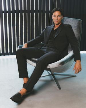 Black Suit with Polo Shirt and Loafers