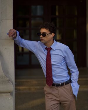 light-blue-dress-shirt-beige-trousers-red-tie