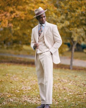 Sand Suit with Light Blue Shirt and Fedora