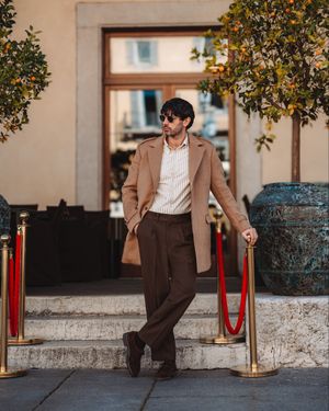 Camel Wool Overcoat with Striped Shirt