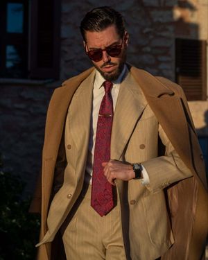 Sand Three-Piece Suit with Camel Overcoat and Red Tie