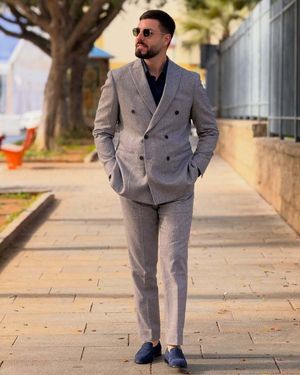 Light Grey Double-Breasted Suit with Navy Loafers