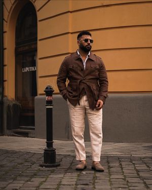 Brown Safari Jacket with Cream Linen Trousers