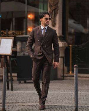 Chocolate Double-Breasted Suit with Light Blue Shirt and Tie