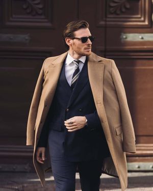 Camel Overcoat with Navy Double-Breasted Suit