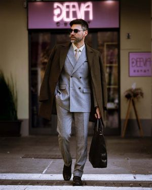 Brown Wool Overcoat with Light Grey Double-Breasted Suit