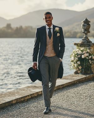 Navy Morning Coat with Camel Waistcoat and Grey Pinstriped Trousers