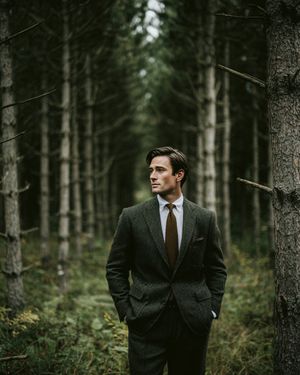 Dark Green Tweed Suit with Brown Tie