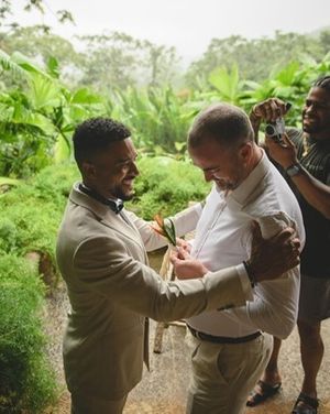 Ivory Wedding Suit with White Shirt and Boutonniere