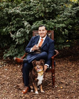 Navy Blue Suit with Brown Waistcoat and Orange Tie