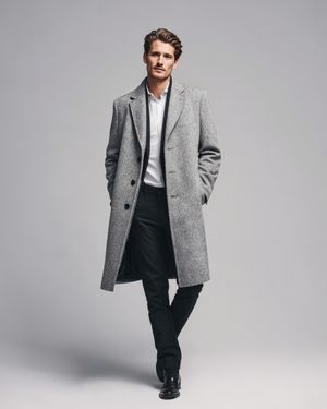 Grey Wool Overcoat with White Shirt and Black Trousers