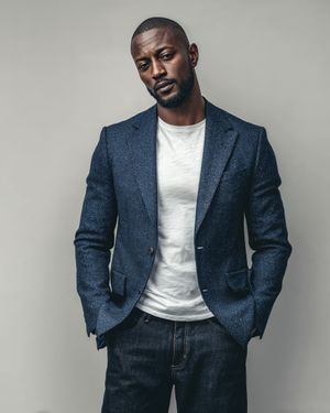 Tweed Navy Blazer with White T-Shirt and Dark Jeans