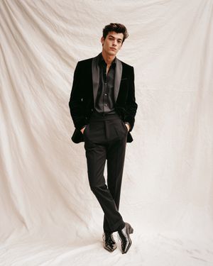 Black Velvet Blazer with Charcoal Shirt and Black Trousers