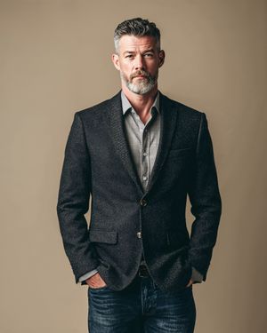 Charcoal Textured Blazer with Grey Shirt and Dark Denim