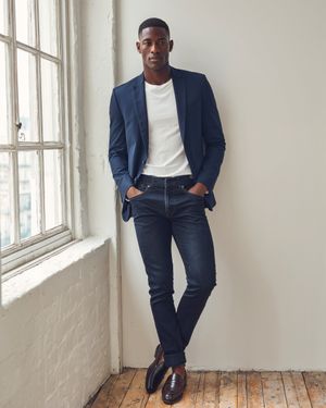 Navy Blue Blazer with White T-Shirt and Dark Denim Jeans