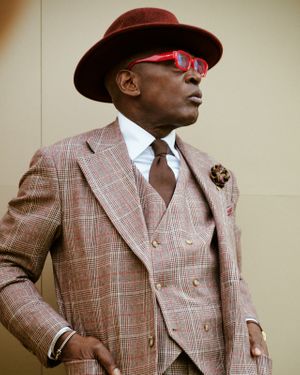 Brown Plaid Three-Piece Suit with Brown Tie