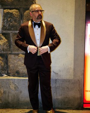 Chocolate Brown Tuxedo Suit with Gold Satin Lapels
