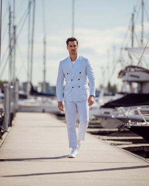 Light Blue Striped Double-Breasted Suit with White T-shirt
