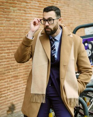 Camel Wool Overcoat with Navy Suit