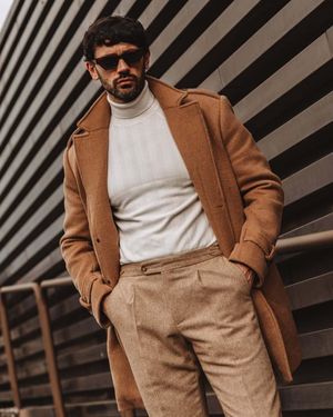 Alpaca Camel Overcoat with Beige Trousers