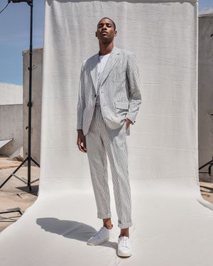 Light Grey Striped Suit with White T-shirt
