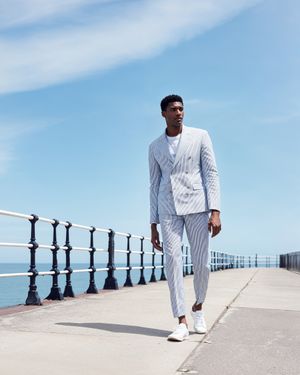 Blue Striped Double-Breasted Suit with Tee