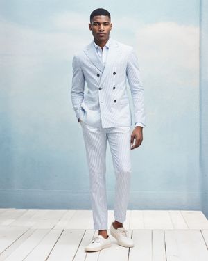 Striped Double-Breasted Suit with Sneakers
